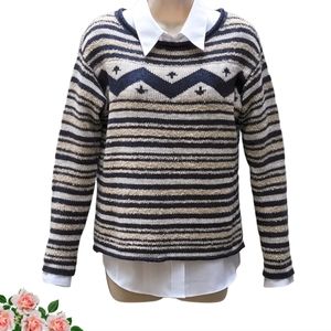 LRL Lauren Jeans Co. Stripe Rolled Edging 90's Wool Blend Sweater Women's Size M